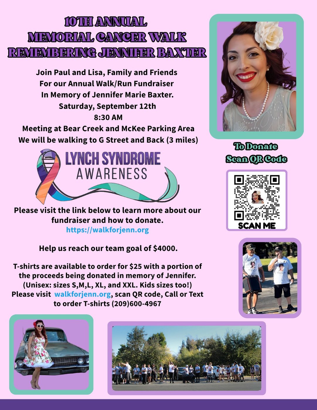 The 2026 Walk for Jenn flyer: 10th Annual Memorial Cancer Walk remembering Jennifer Baxter, Saturday September 12 at 8:30am, Bear Creek and McKee.